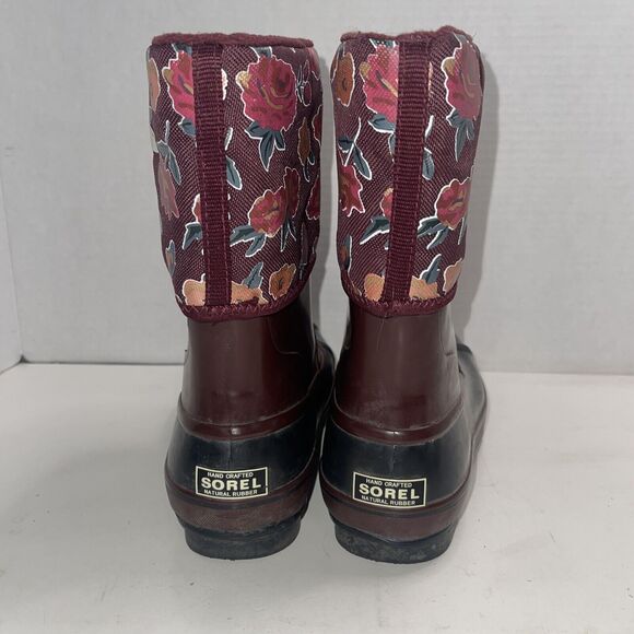 Sorel Maroon Floral Waterproof Slip-On Snow Boots Size 3 Fleece Lined - Picture 4 of 9